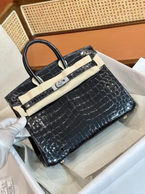 Home Hermès Birkin 25 Noir, Silver Shiny Crocodile Palladium Hardware