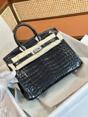 Hermès Birkin 25 Noir, Silver Shiny Crocodile Palladium Hardware